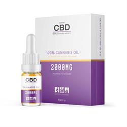 A 10ml bottle of Canabidol Refined CBD Oil Drops 2000mg by CBD by British Cannabis in front of a purple and white box labeled 100% Cannabis sativa oil, available at Fisa Health.