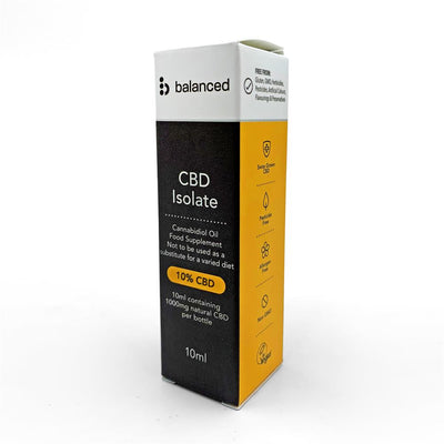 Balanced Swiss Grown Pure Isolate CBD Oil 10ml box, 10% (1000mg) for oral use, with product details and icons on a black and yellow background, available at Fisa Health.