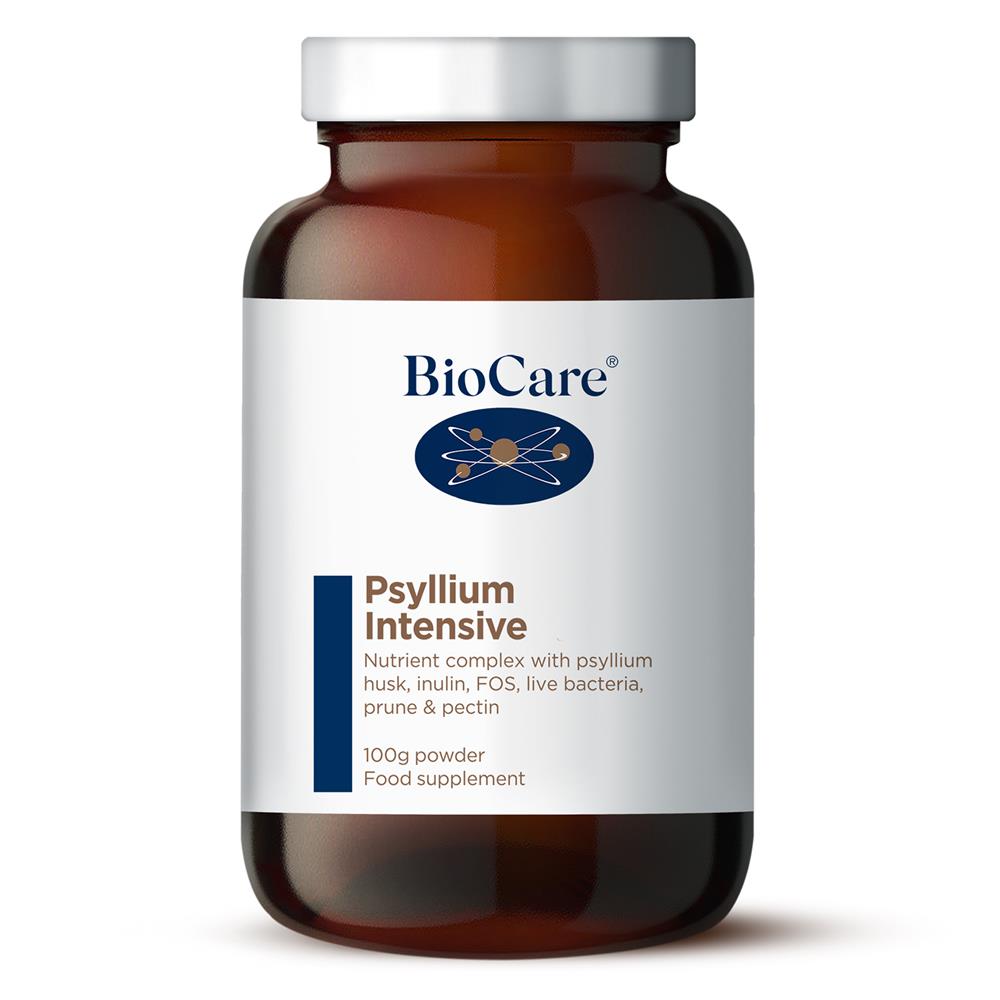 Amber glass bottle of BioCare Psyllium Intensive 100g, a psyllium husk fibre powder, available at Fisa Health.