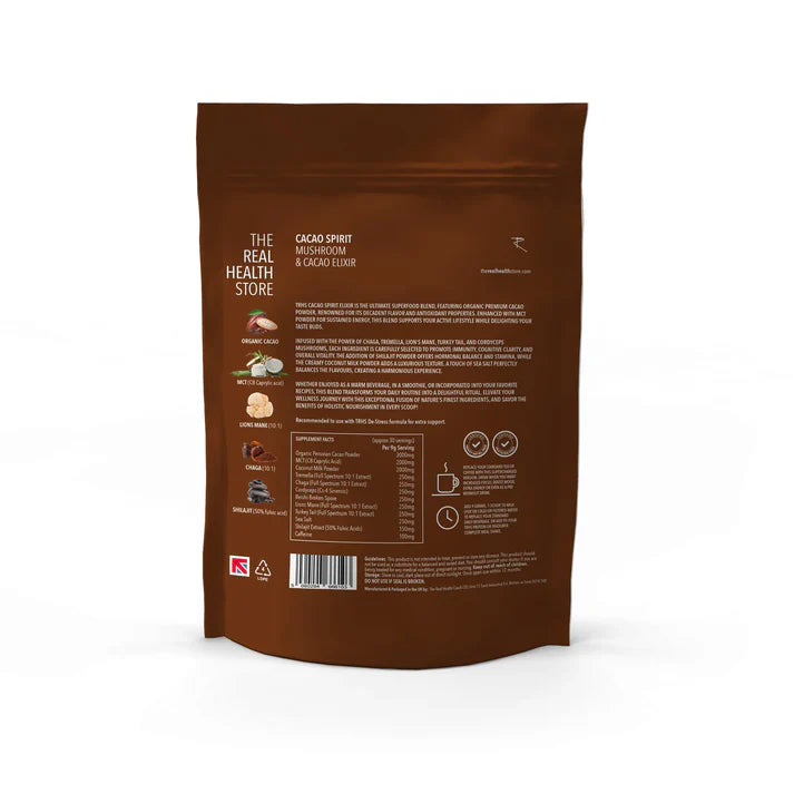Cacao Spirit (Cacao & Mushroom) Elixir 270g in a brown resealable pouch with ingredients, nutrition, and instructions shown on the back, available at Fisa Health.