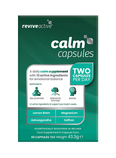 Front of a Revive Active Calm Capsules box, displaying product packaging with lemon balm and ashwagandha, available at Fisa Health.