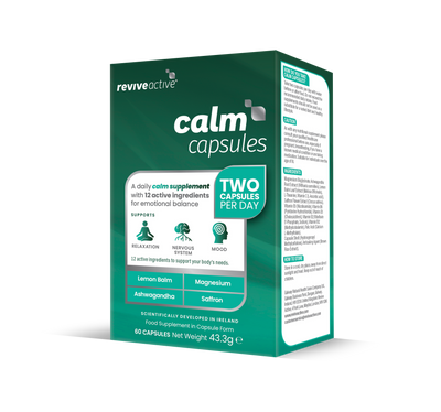 A green and white box labeled Revive Active Calm Capsules with Lemon Balm, Magnesium, Ashwagandha, Saffron; 60 capsules shown. Available at Fisa Health.
