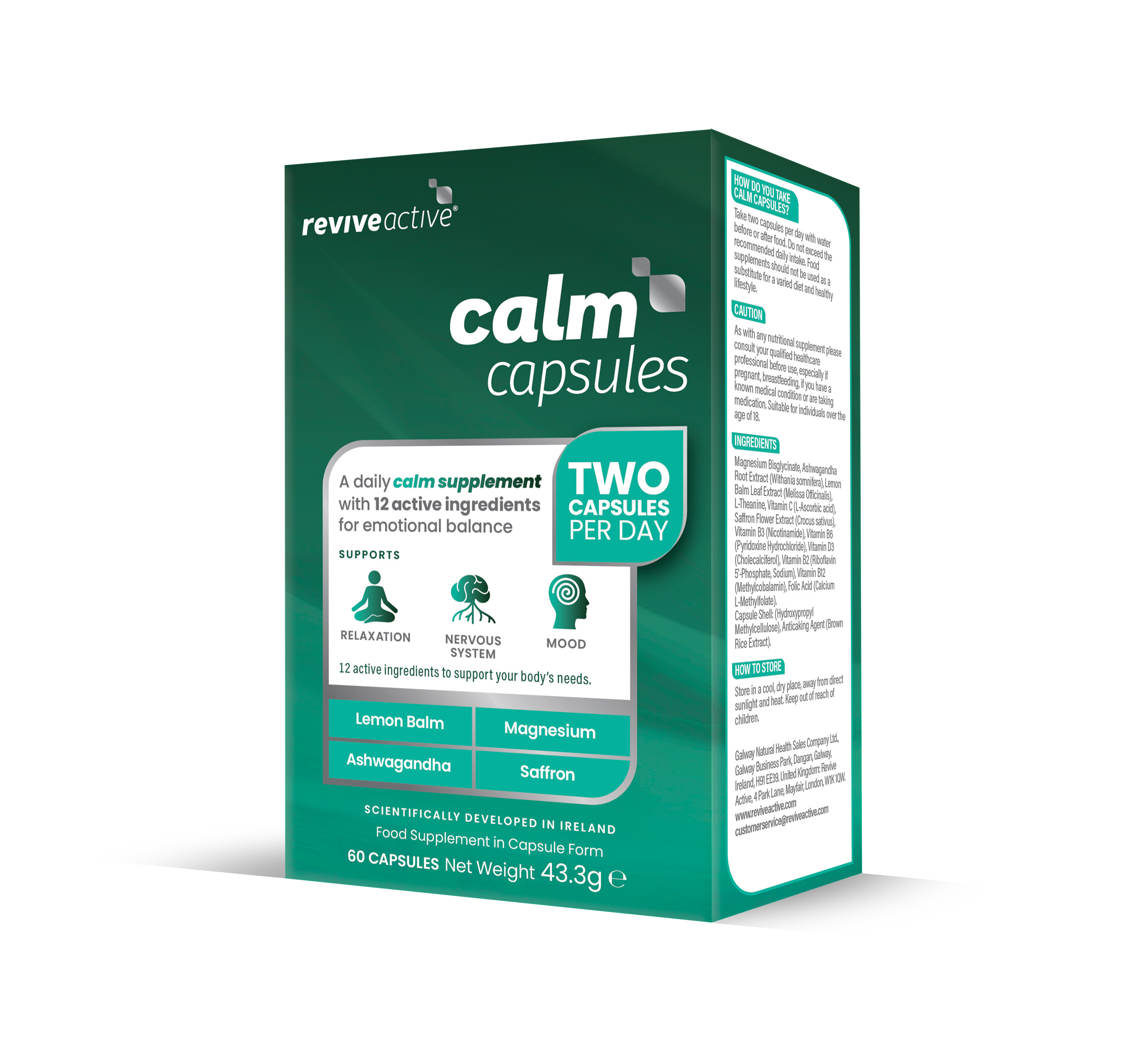 A green and white box labeled Revive Active Calm Capsules with Lemon Balm, Magnesium, Ashwagandha, Saffron; 60 capsules shown. Available at Fisa Health.