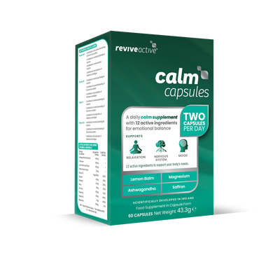 A green box labeled "Revive Active Calm Capsules" featuring ingredients lemon balm, magnesium, ashwagandha, and saffron; available at Fisa Health.