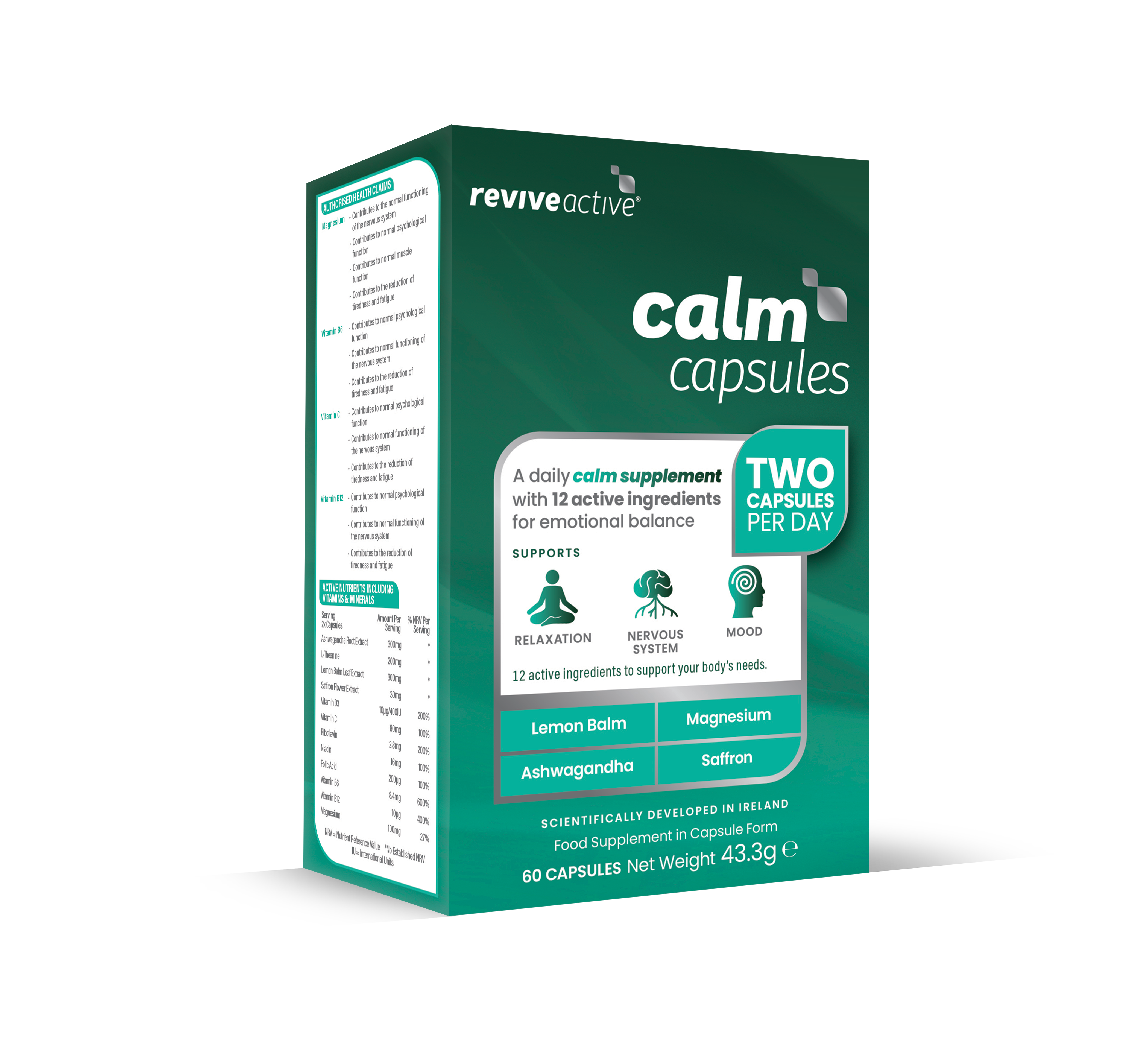 A green box labeled "Revive Active Calm Capsules" featuring ingredients lemon balm, magnesium, ashwagandha, and saffron; available at Fisa Health.