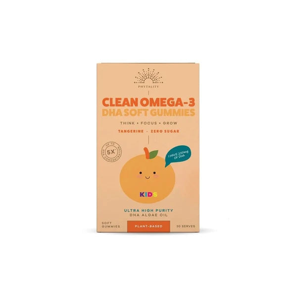 Front of Phytality KIDS Clean Omega-3 DHA Soft Gummies box, tangerine flavor, featuring an orange illustration and text highlighting that it contains plant-based algae oil, available at Fisa Health.