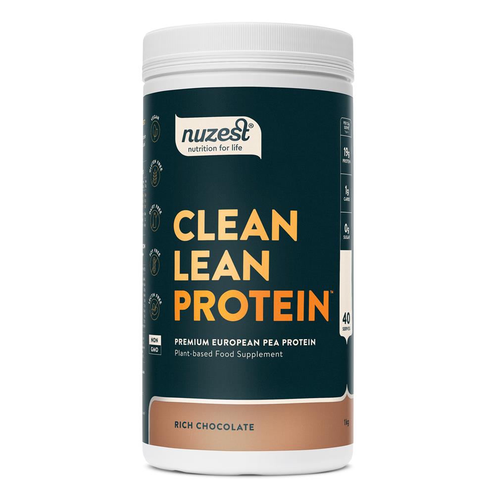 Nuzest Clean Lean Protein powder, chocolate flavor, made from European Golden Pea Protein, with bold yellow text and nutritional info on the label, available at Fisa Health.