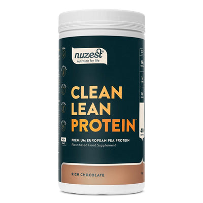 Nuzest Clean Lean Protein powder, chocolate flavor, made from European Golden Pea Protein, with bold yellow text and nutritional info on the label, available at Fisa Health.