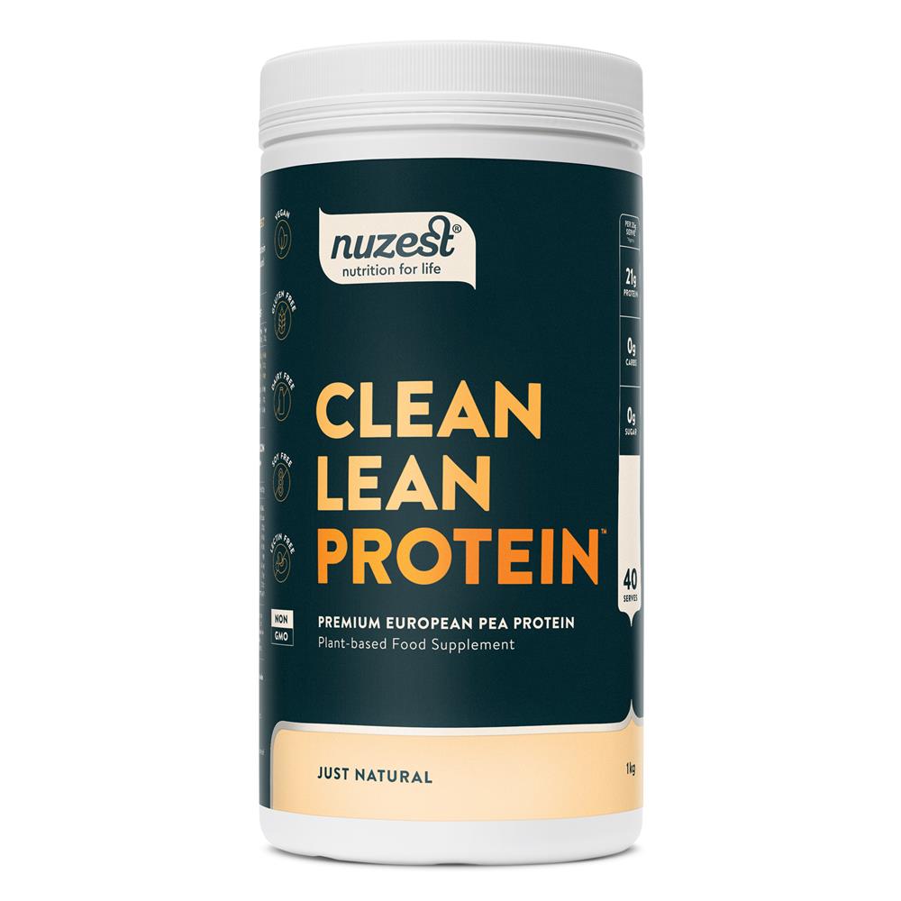 Nuzest Clean Lean Protein powder, Vegan European Golden Pea Protein in Just Natural flavor, shown with a dark label and yellow text, available at Fisa Health.
