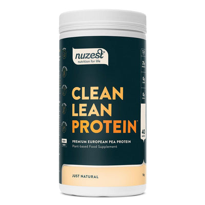 Nuzest Clean Lean Protein powder, Vegan European Golden Pea Protein in Just Natural flavor, shown with a dark label and yellow text, available at Fisa Health.