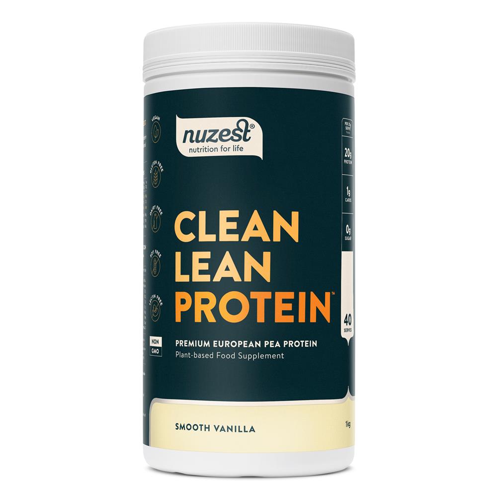 A tub of Nuzest Clean Lean Protein, vegan vanilla flavor, made from European golden peas with a nutrition label on the container, available at Fisa Health.