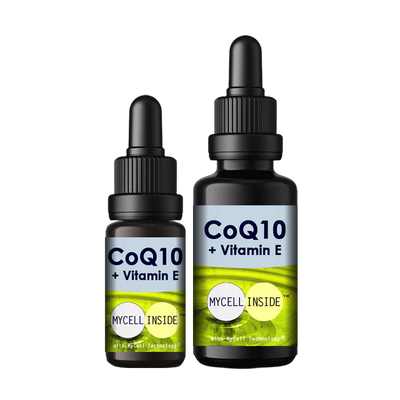 Two Mycell Inside CoQ10 + Vitamin E dropper bottles, one small and one large, featuring micellar nutrient formula on a plain white background, available at Fisa Health.