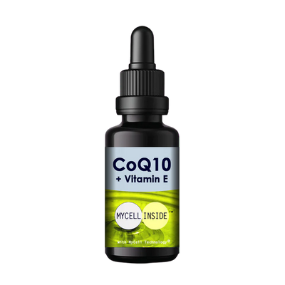 A dark dropper bottle labeled Mycell Inside CoQ10 + Vitamin E with a green design stands upright against a plain white background, available at Fisa Health.