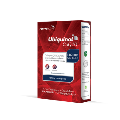 A red and white box of Revive Active Ubiquinol CoQ10 100mg, containing 30 capsules as a food supplement, available at Fisa Health.