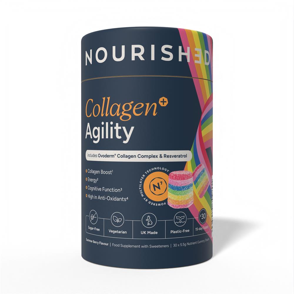 A cylindrical container of Nourished Collagen+ Agility Nutrient Stacks (30 Gummies) with rainbow stripes and dietary icons, available at Fisa Health.