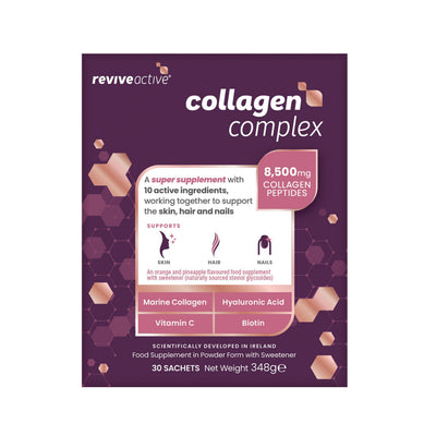 Revive Active Collagen Complex box with 30 sachets (348g), highlighting 8,500mg marine collagen, biotin, and hyaluronic acid for skin, hair, and nails support, available at Fisa Health.