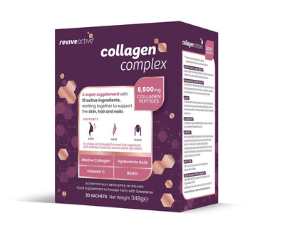 A purple box of Revive Active Collagen Complex featuring 8,500mg marine collagen peptides, biotin, and hyaluronic acid. Packaging highlights key product features and ingredients, available at Fisa Health.