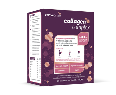 A box of Revive Active Collagen Complex with Marine Collagen, Biotin & Hyaluronic Acid in purple packaging that displays its ingredients and features, available at Fisa Health.