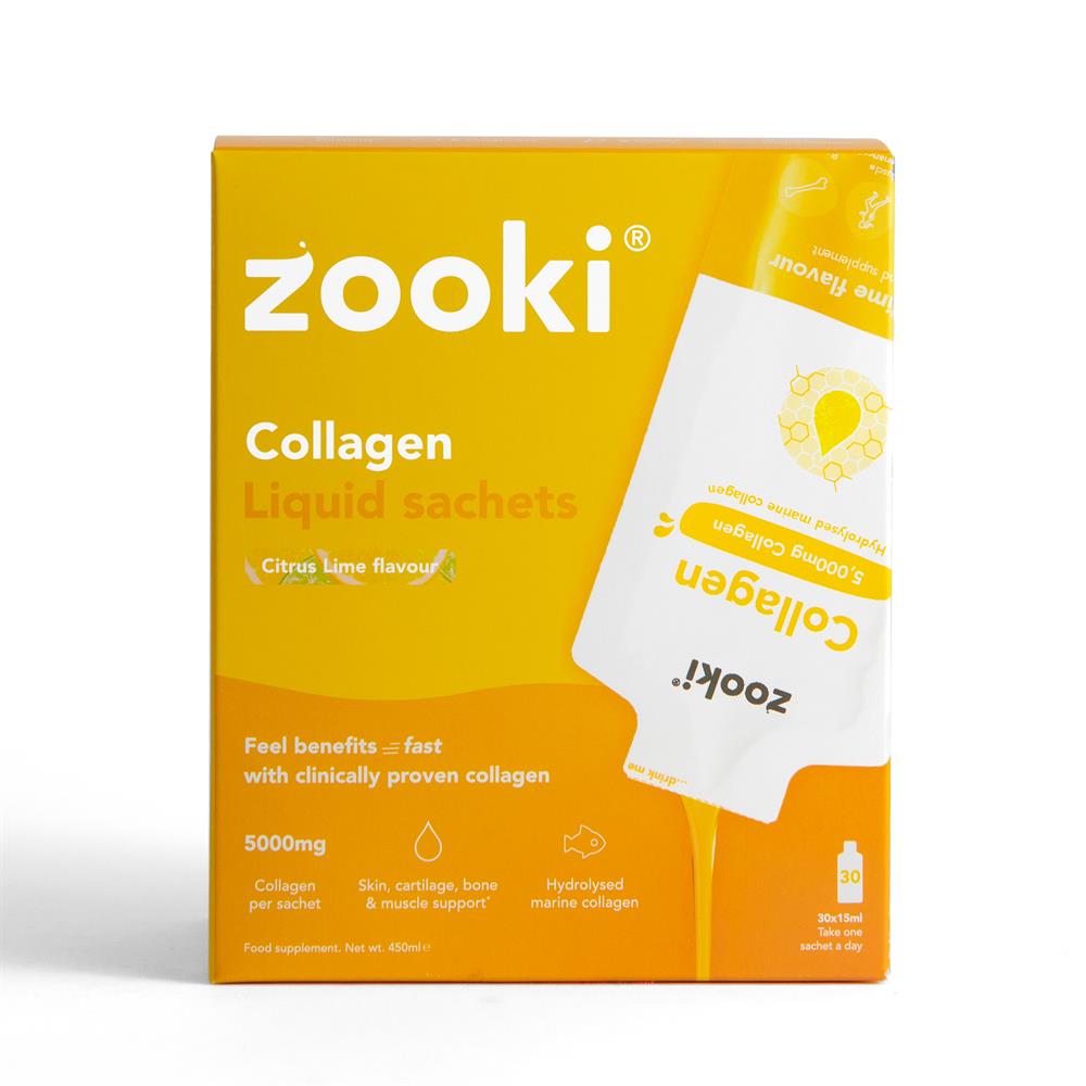 A yellow Zooki Collagen 5000mg Marine Citrus Lime box with 30 sachets displayed, available at Fisa Health.