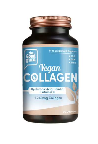Amber bottle of The Good Guru Vegan Collagen 90 Capsules in recyclable packaging, available at Fisa Health.
