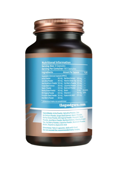 Brown bottle of The Good Guru Vegan Collagen 90 Capsules showing the nutritional information and ingredient list on the back of the recyclable packaging, available at Fisa Health.
