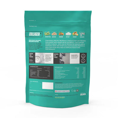 Teal and white packaging of Raw Sport Collagen Building Protein Peptides for women, featuring nutrition info, supplement facts, use instructions, and a "Made in Britain" label on the back, available at Fisa Health.