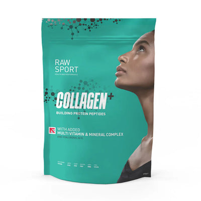 A teal pouch of Raw Sport Collagen Building Protein Peptides featuring a woman’s profile, with added multivitamins, minerals, and hyaluronic acid, available at Fisa Health.