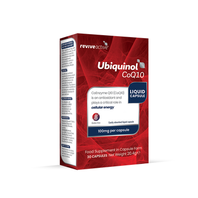 Revive Active Ubiquinol CoQ10 100mg Capsules, pack of 30, with a red and white box design, available at Fisa Health.