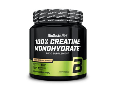 BioTechUSA 100% Creatine Monohydrate 300g in a black tub with green accents, labeled for 80 servings, available at Fisa Health.
