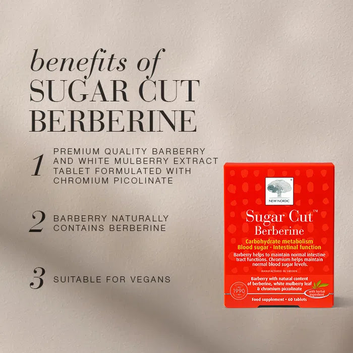 A box of New Nordic Sugar Cut Berberine 60 tablets next to a numbered list of features, available at Fisa Health.
