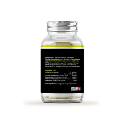 A clear bottle with a silver lid holds Raw Sport Recover Curcumin capsules. The black label highlights product details and features a Made in Britain logo at the bottom right, available at Fisa Health.