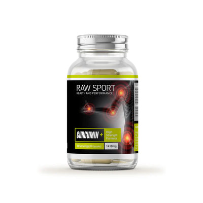 A bottle of Raw Sport Recover Curcumin, a high strength joint formula with 35 servings (1410mg), displayed upright with the label visible, available at Fisa Health.