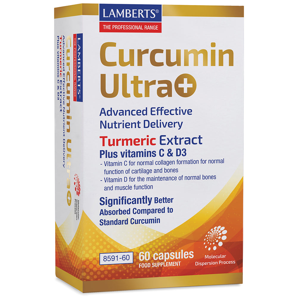 Lamberts Curcumin Ultra+ 60 tablets bottle, featuring turmeric extract with vitamins C and D3, displayed in packaging with product details, available at Fisa Health.