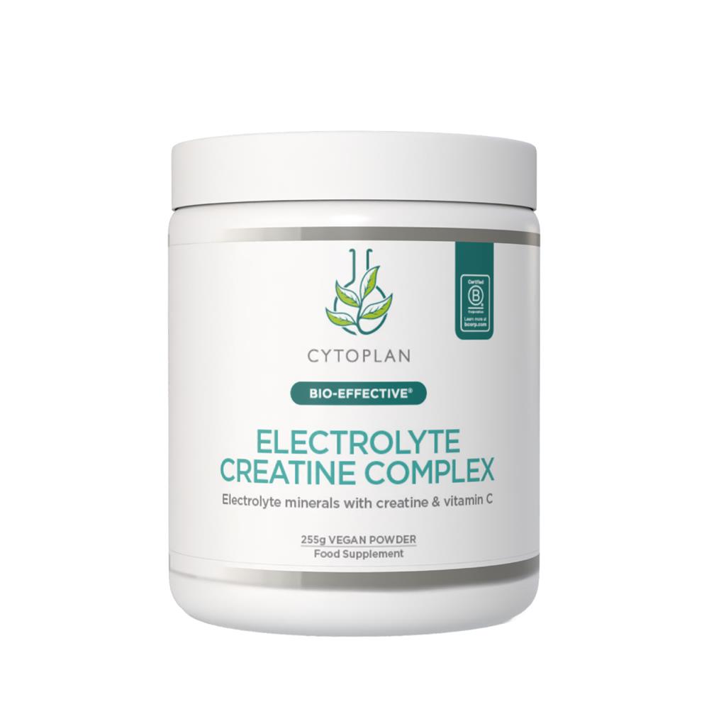 White tub of Cytoplan Electrolyte Creatine High Potency Complex 225g powder, available at Fisa Health.