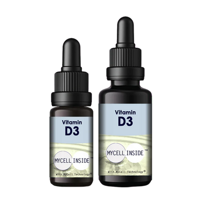 Two dark dropper bottles labeled “Vitamin D3” stand side by side with “Micellar technology” text on the label, against a light blue and white background, available at Fisa Health.