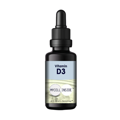 A black dropper bottle labeled Vitamin D3 with MYCELL INSIDE and MyCell Technology, displayed on a light blue and green background, available at Fisa Health.