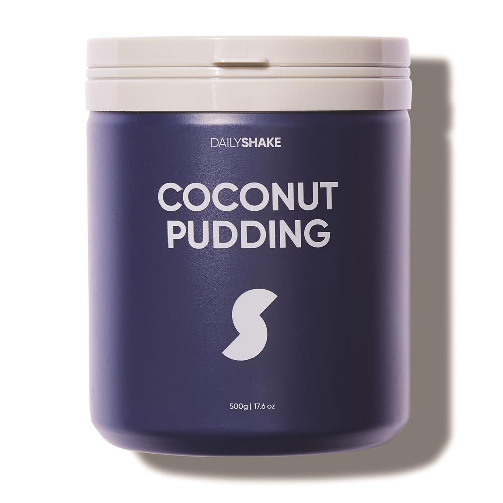 A dark purple Daily Shakes Coconut Pudding Meal Replacement Jar 500g with a white lid and vegan shake details, displayed on a white background, available at Fisa Health.