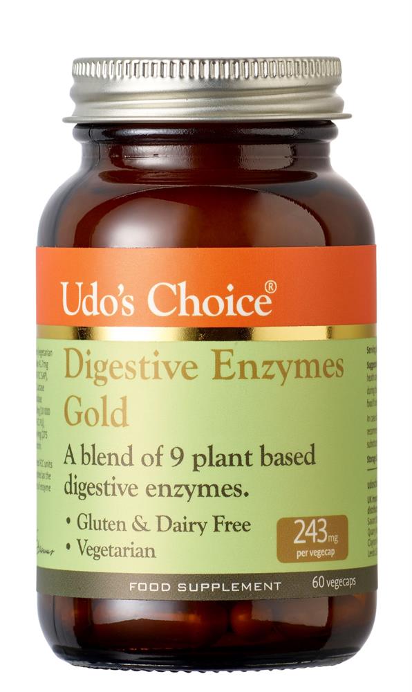 A brown bottle of Udo’s Choice Digestive Enzyme Gold with 60 capsules, each containing plant-based enzymes; labeled gluten and dairy free, available at Fisa Health.