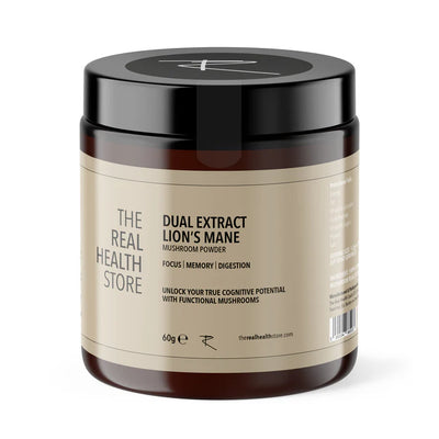 A 60g jar of Dual Extract Lion's Mane Mushroom Powder in a brown container with a black lid and beige label, available at Fisa Health.