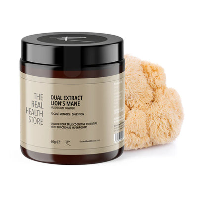 A jar of Dual Extract Lion's Mane Mushroom Powder - 60 grams is placed next to a fresh mushroom with packaging highlighting beta glucans on a white background, available at Fisa Health.