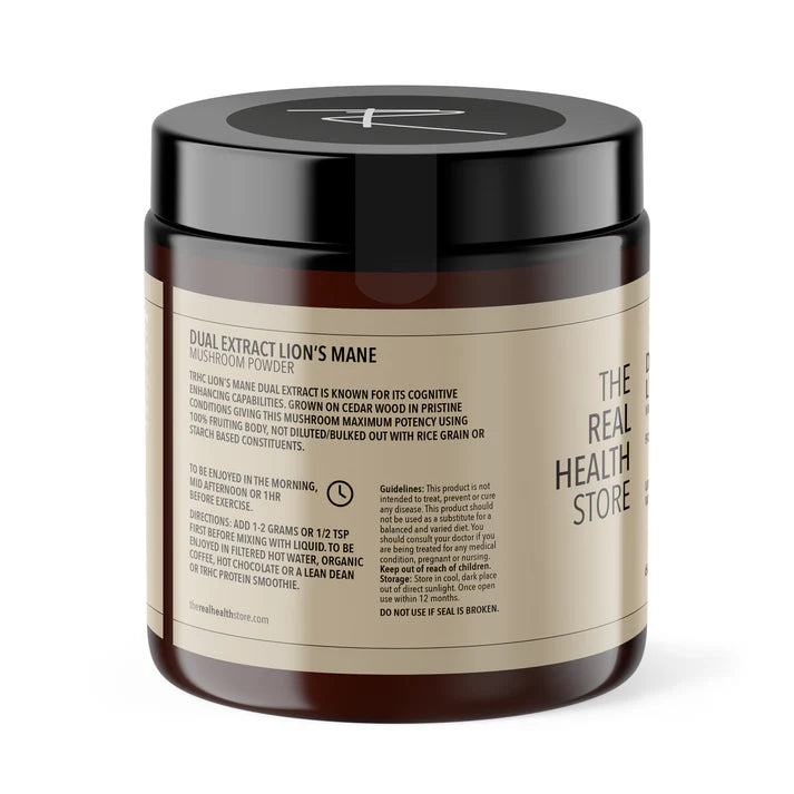 A brown jar with a black lid labeled Dual Extract Lion's Mane Mushroom Powder - 60g, showing beta glucans on the label and usage directions, available at Fisa Health.