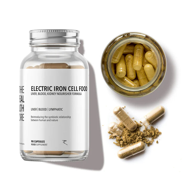 A bottle of FISA Health Electric Iron Cell Food (Liver, Blood, Kidney) Nourish Formula is placed next to an open jar of yellow capsules on a white surface, available at Fisa Health.