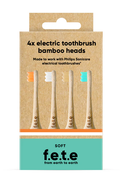 A box labeled “F.E.T.E Electric Compatible toothbrush heads” with four compostable heads featuring different colored bristles, displayed above the text FISA Health, available at Fisa Health.