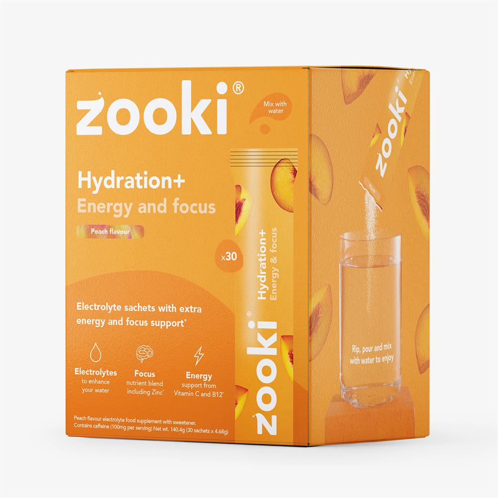 Zooki Electrolytes+ Energy & Focus Peach Flavour 30 x 4.65g sachet box with a single sachet and a glass of water, available at Fisa Health.