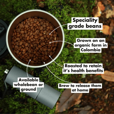 A bag of Exhale Coffee House Wholebean, labeled as mycotoxin free, organic single origin Colombian coffee beans; available at Fisa Health.