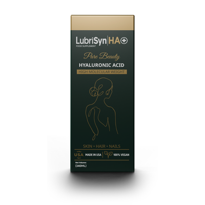 Tall dark green box labeled LubriSyn HA+ Pure Beauty 340ml, with gold outline of a woman; vegan nutricosmetic for skin, hair, and nails; made in USA, available at Fisa Health.