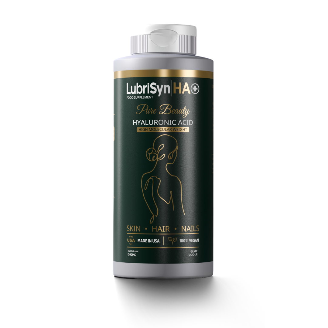 A 340ml bottle of LubriSyn HA+ Pure Beauty for skin, hair, and nails with minimalist gold woman line art on a dark green label, available at Fisa Health.
