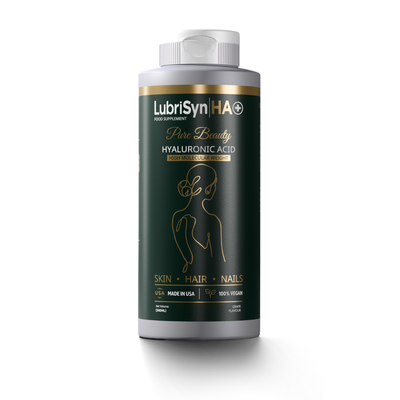 A 340ml bottle of LubriSyn HA+ Pure Beauty for skin, hair, and nails with minimalist gold woman line art on a dark green label, available at Fisa Health.