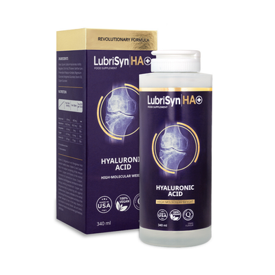A 340ml bottle and box of LubriSyn HA+ Grape display a blue and gold design with product information and certification icons, available at Fisa Health.
