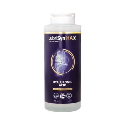 A 340ml LubriSyn HA+ Grape bottle with a blue label and an image of a knee joint, available at Fisa Health.